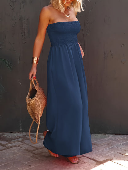 Womens Sleeveless Strapless Wide Leg Jumpsuits Summer Casual Loose Smocked Chiffon Jumpsuit Rompers with Pockets