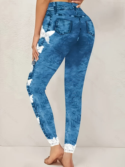 [Printed Pants - Not Denim Fabric] Ladies' Elastic Butterfly Print Leggings - Imitation Denim Elastic Fabric, Fake Pockets, All-season Comfort, Machine Washable, Suitable for Casual And Vacation Wear.