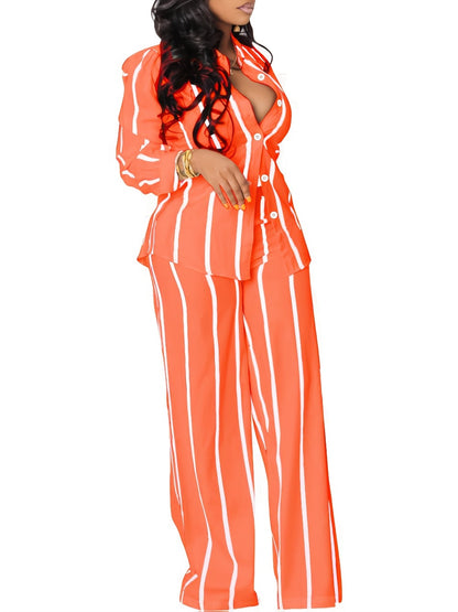 Women's Two-Piece Pants Set - Striped Casual Matching Outfit