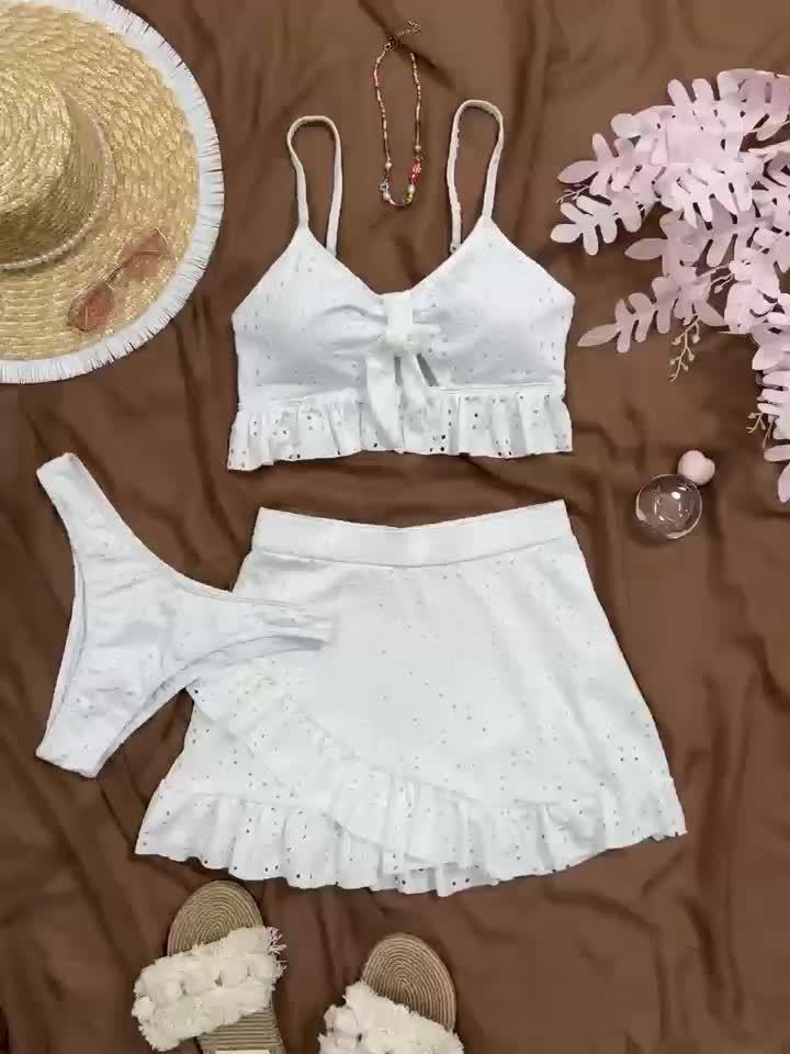 26SS Summer Trend Solid Color Elegant Style 3pcs Bikini Set with Bow Detail - Eyelet Fabric, Ruffle Mini Skirt, High Elasticity, Suitable for Summer Beach