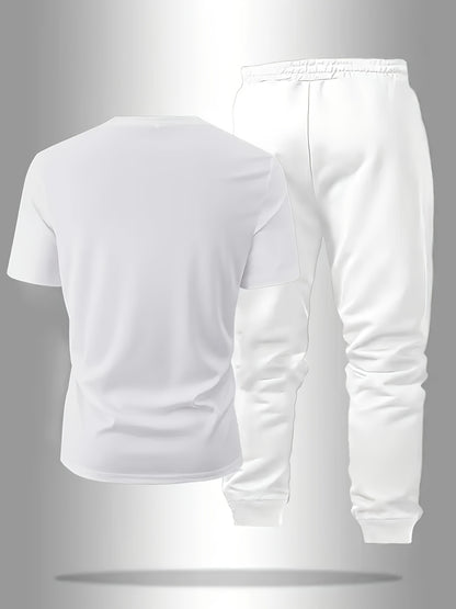 Men's Short-sleeve T-shirt And Pants Set, Spring And Summer Paris Letter Print Round Neck T-shirt + Drawstring Outdoor Casual Sports Long Pants Set