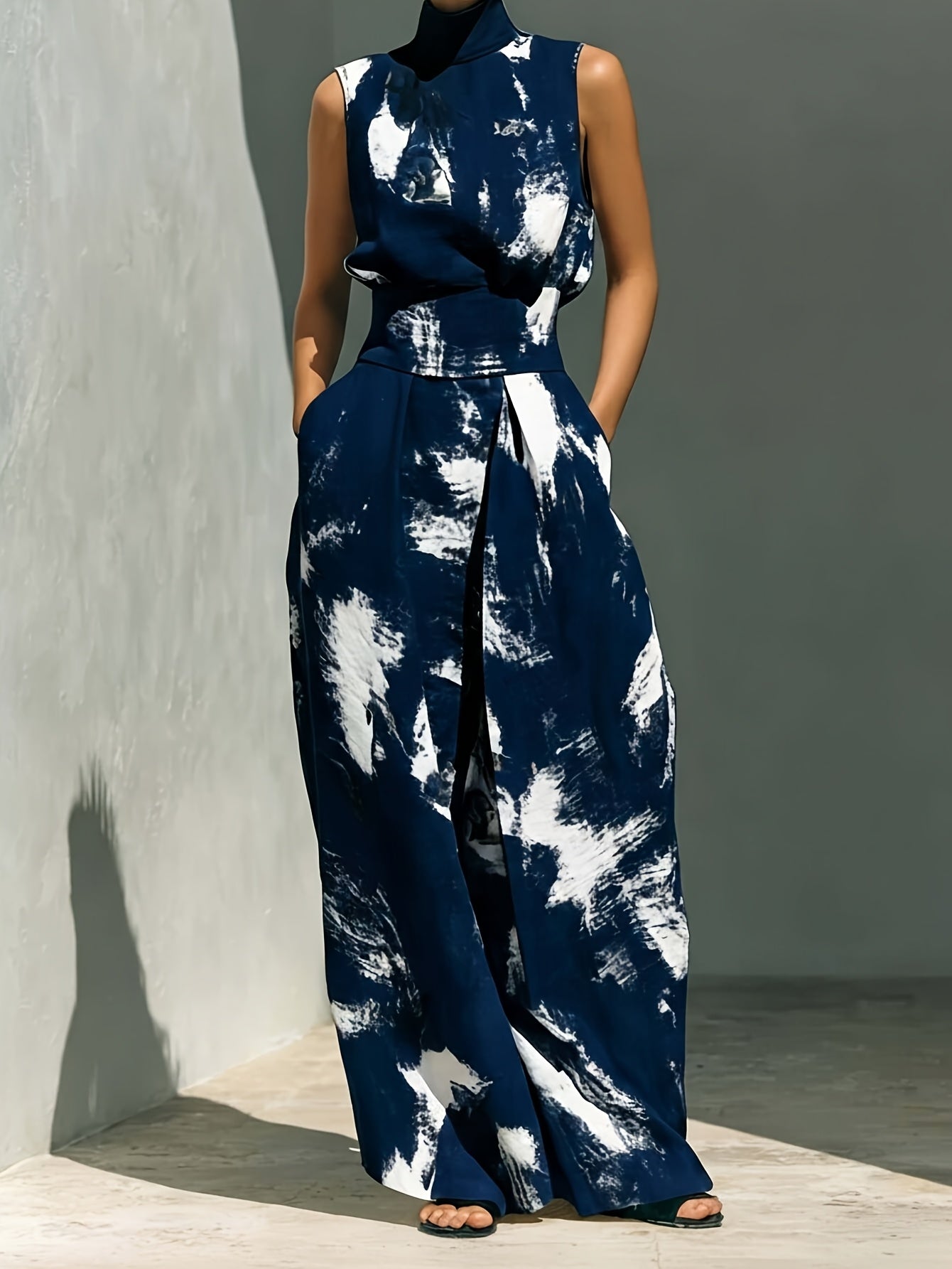 Blue & Brown Tie-Dye Print High Neck Sleeveless Top + Matching Wide-Leg Pants Women's Set | Artistic Edgy Charm, Perfect for Daily Street Style & Casual Gatherings
