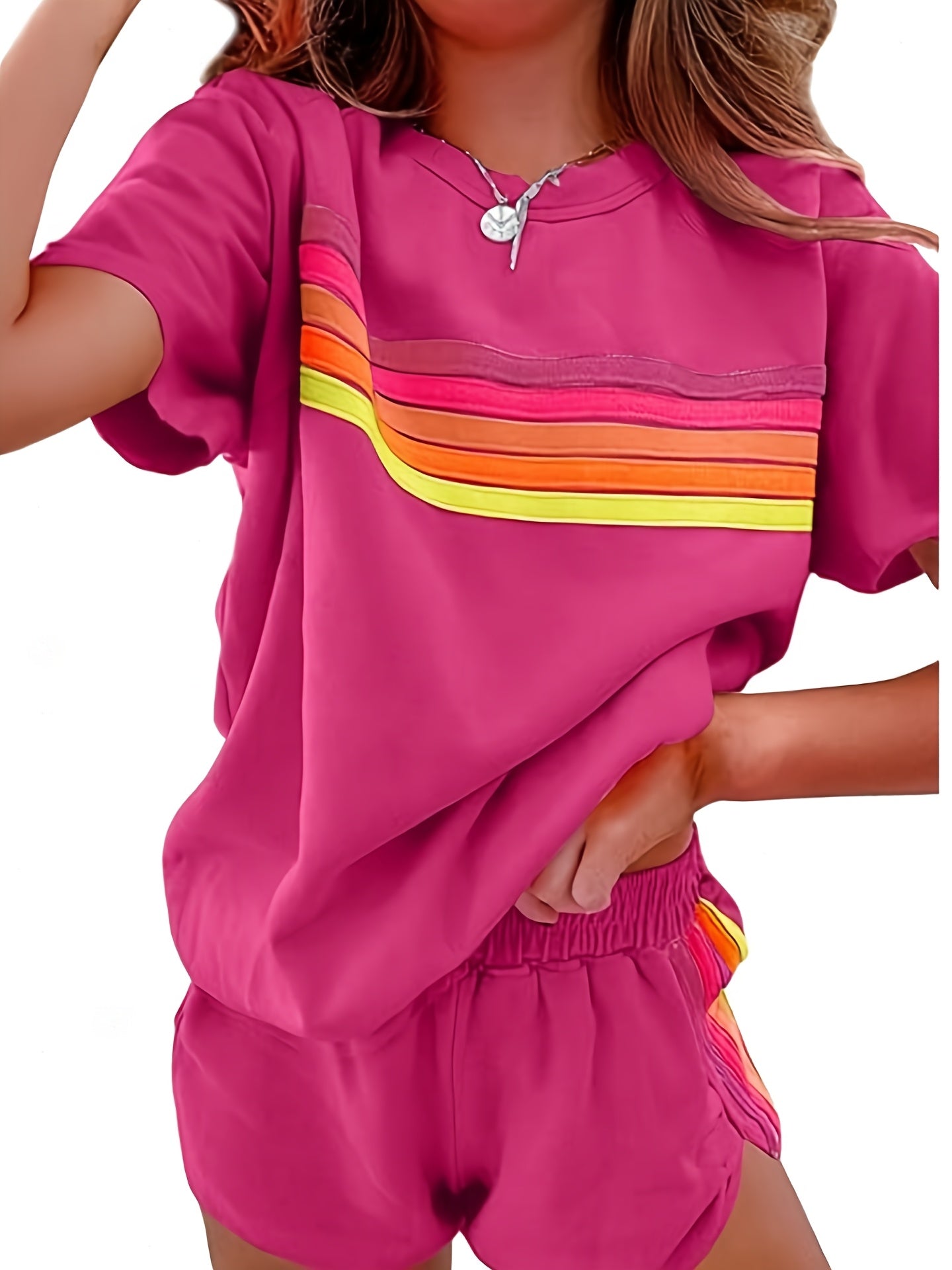 2pcs Set Elevate Your Style with Our Chic Color-Block Shorts Set in White, Blue, Pink, Or Light Brown