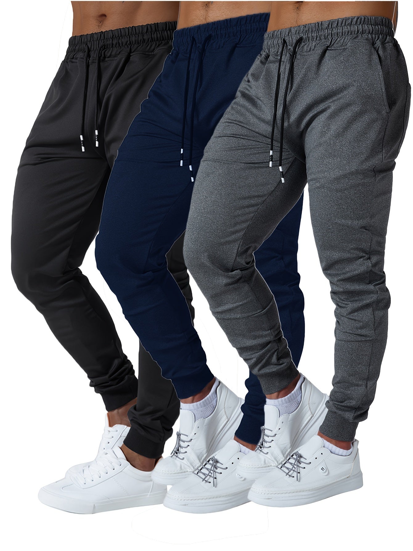 3pcs Men's Jogger Sweatpants - Ultra-Elastic Gym Pants with Deep Side Pockets, Mid-Rise Athletic Workout Bottoms, Solid Color Casual & Training Wear, Machine Washable (Regular Fit) - Bulk Pack for Running, Gym, Everyday Use - Easy Care &