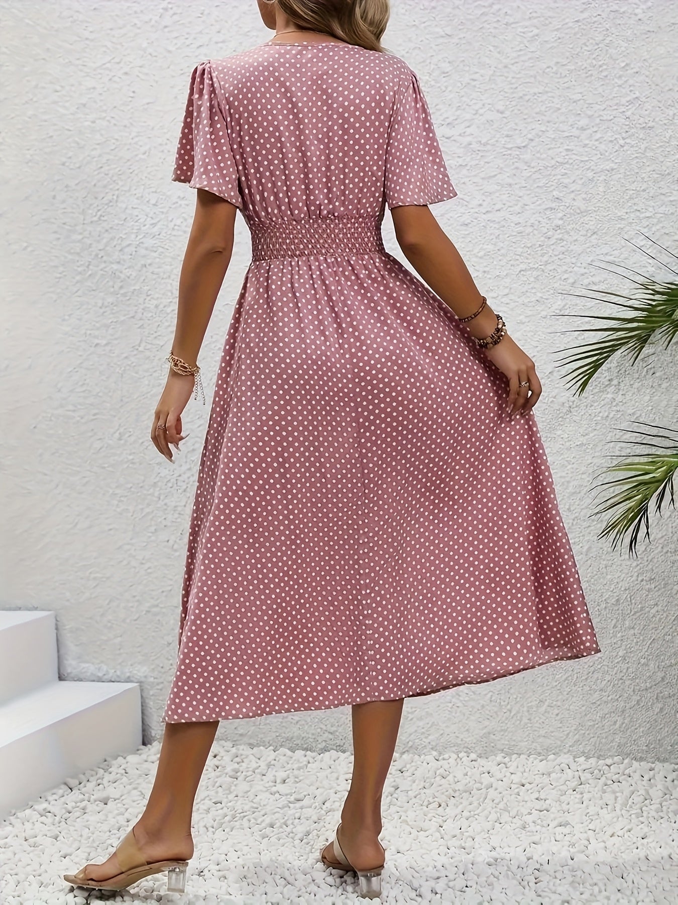 Women'S Long Dress in Pink with Polka Dots - Casual V-Neck, Ruffled Sleeves, Waist-Enhancing Style, Made of Lightweight, Ideal for Spring/Summer, Machine Washable