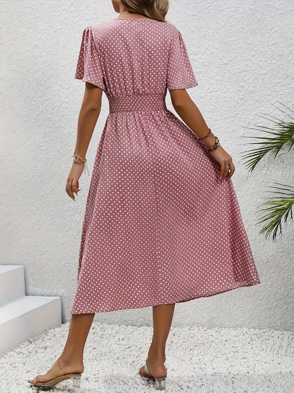 Women'S Long Dress in Pink with Polka Dots - Casual V-Neck, Ruffled Sleeves, Waist-Enhancing Style, Made of Lightweight, Ideal for Spring/Summer, Machine Washable