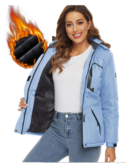 Women'S Warm Ski Jackets Winter Windproof Thermal Fleece Lined Coats Outdoor Detachable Hooded Heavy Weight Thick Jacket Camping Climbing Traveling Snowboard Windbreaker