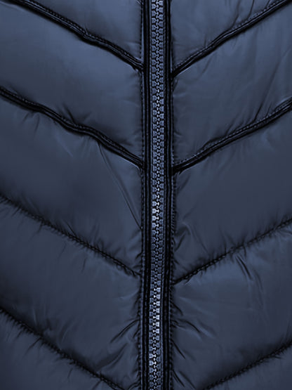 Zip-up Faux Trim Hoodie Puffy Coat, Casual Thermal Long Sleeve Coat for Fall & Winter, Women's Clothing