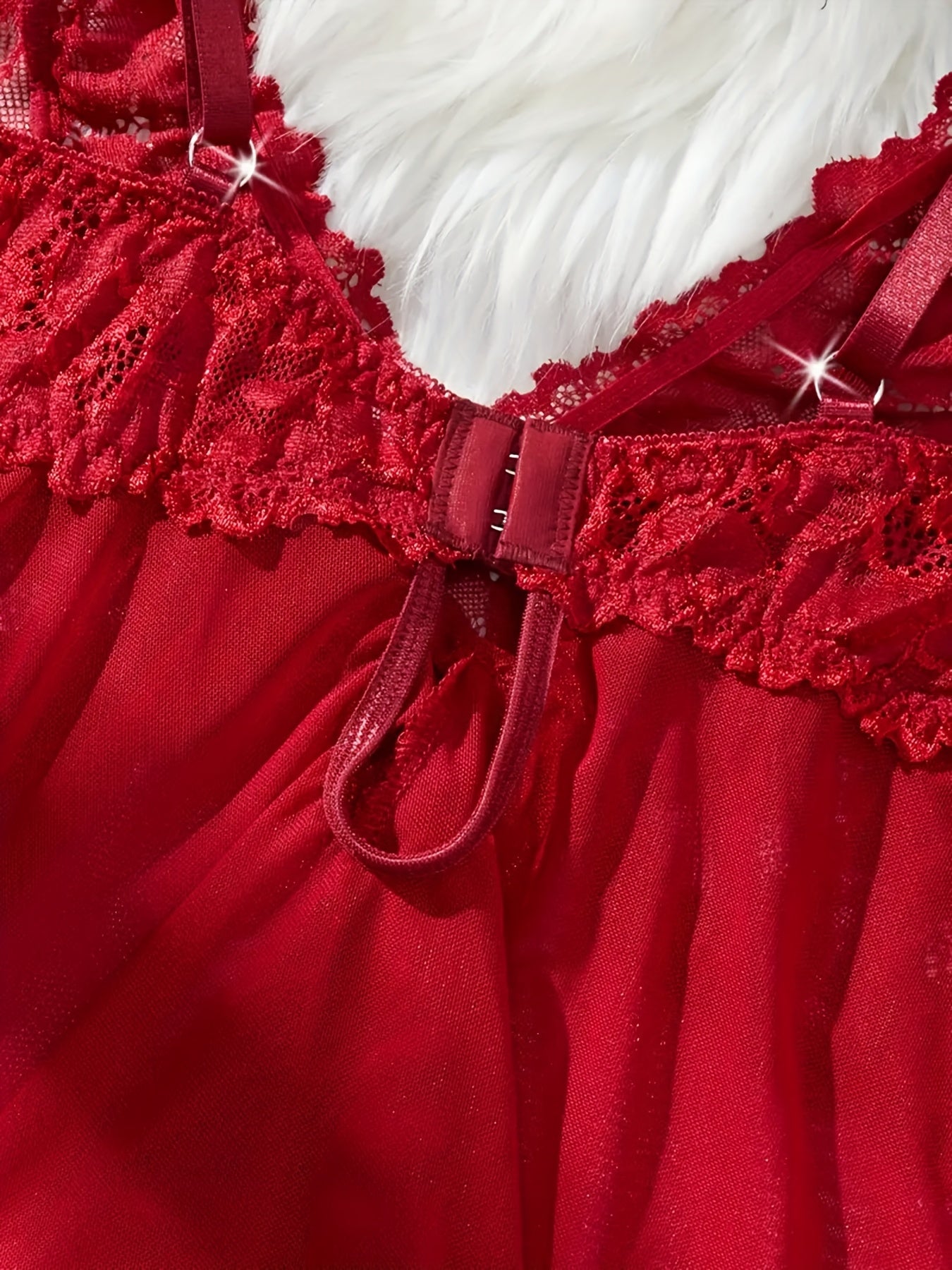 Big Size Sultry Valentine Lace Sleepwear Dress Set - Exquisite Lace, Flattering V-Neckline, Daring Backless Design, Delicate Ruffle Trim, Trendy Split Hem, Seductive Thong Detail, Ultra-Comfortable Fabric, Perfect for Romantic Night, Anniversary Gift