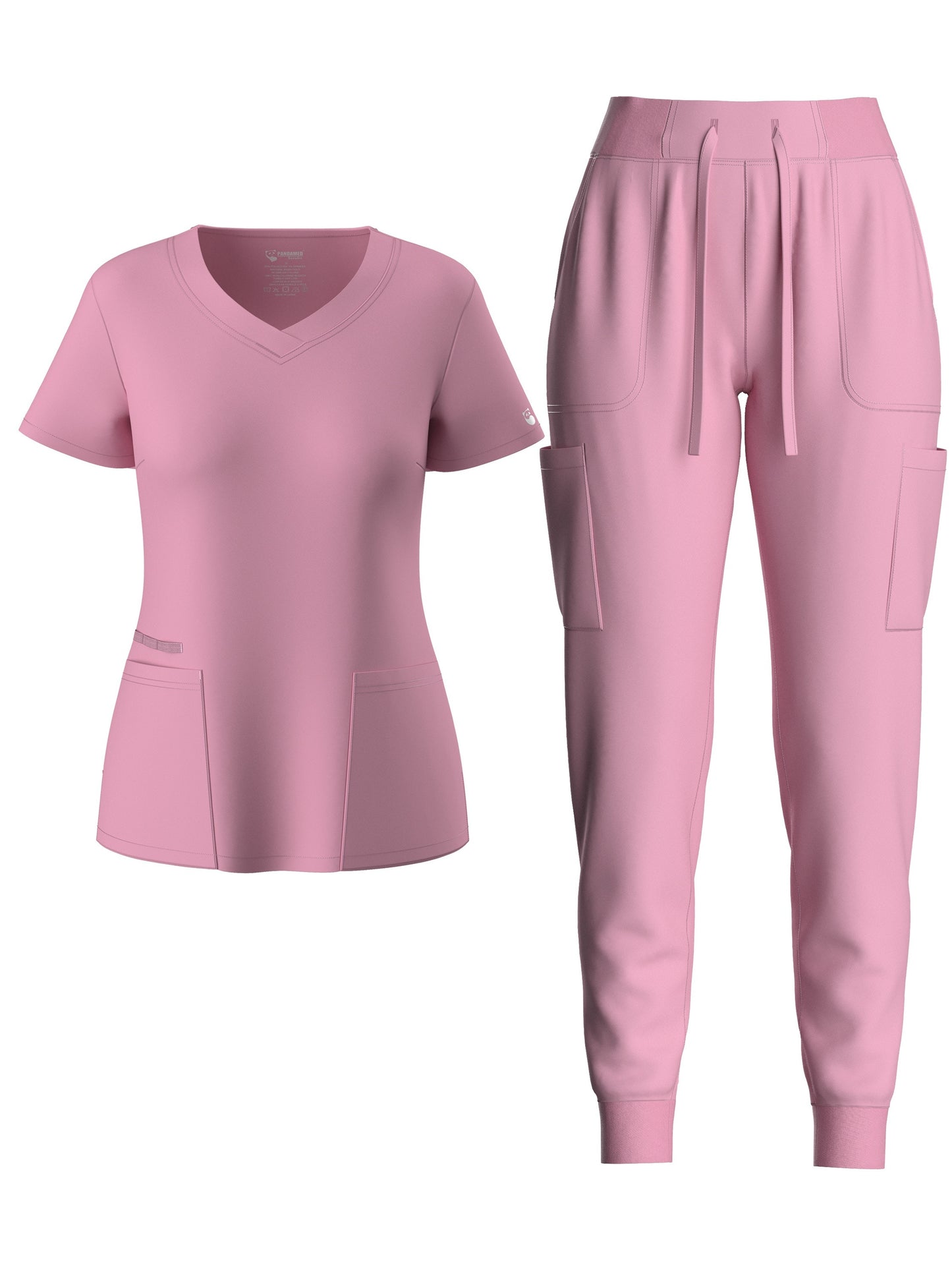 Women's Solid Two-piece Set - Elegant Short Sleeve V Neck Scrub Top & Drawstring Pants Outfits, Clothing