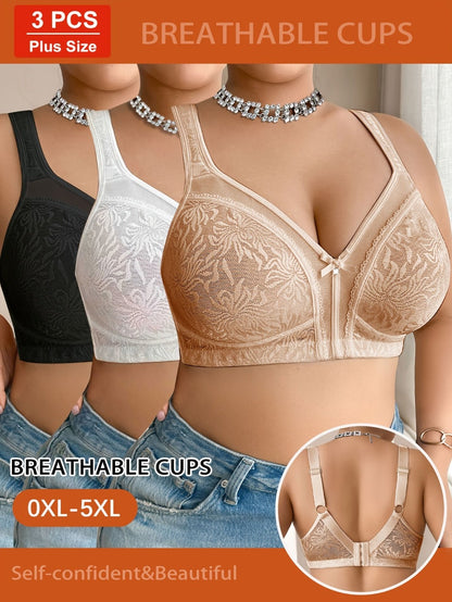 Women’s Plus Size 3-Pack Wireless Bra - Lace Detail Comfort