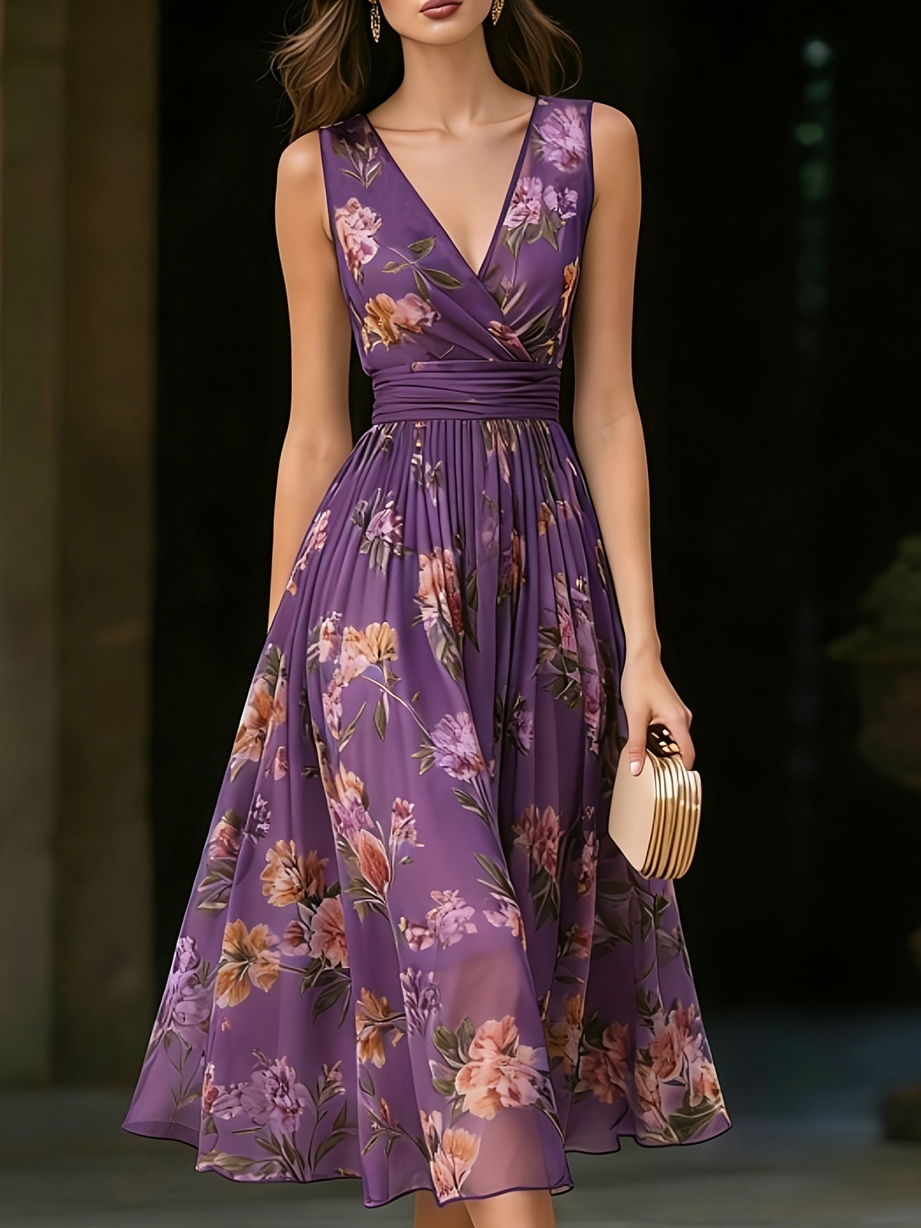Beige Floral Chiffon V-Neck Sleeveless A-Line Midi Dress