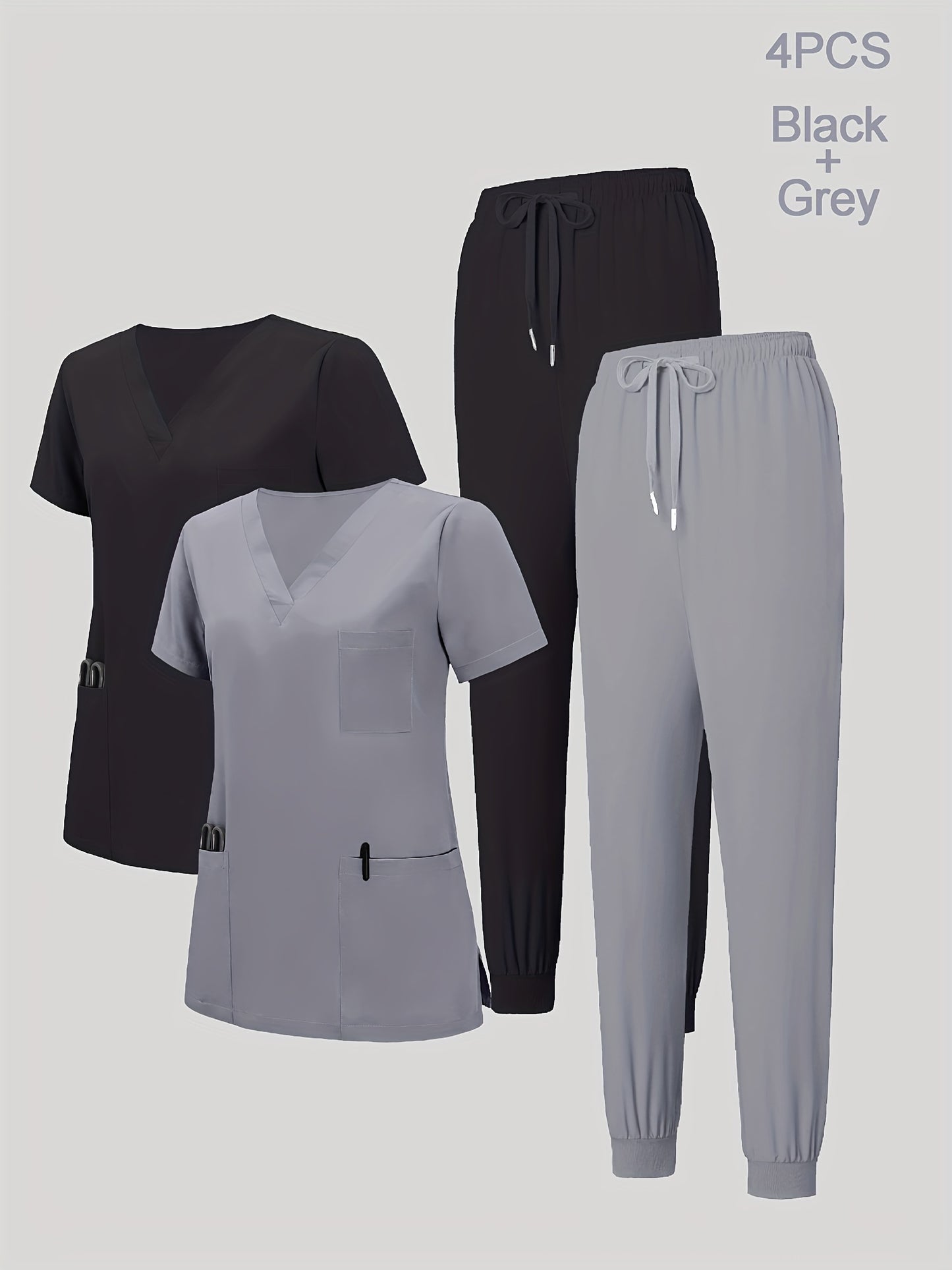 4pcs Set for Women's V-neck Matte Breathable Sports Uniform Pocket Hand Washing Work Clothes Brush Hand Clothes Tying Feet Pants Set
