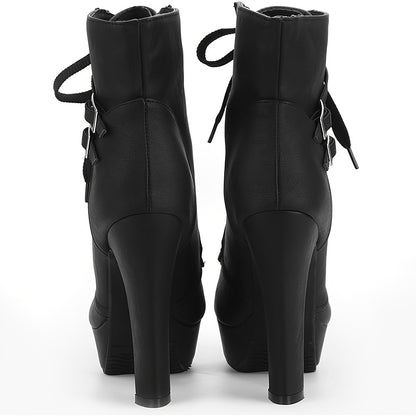 High Heel Boots for Women, Womens Platform Boot Heels Sexy Round Toe Lace UP High Heels Mid Calf Boots, Women Shoes