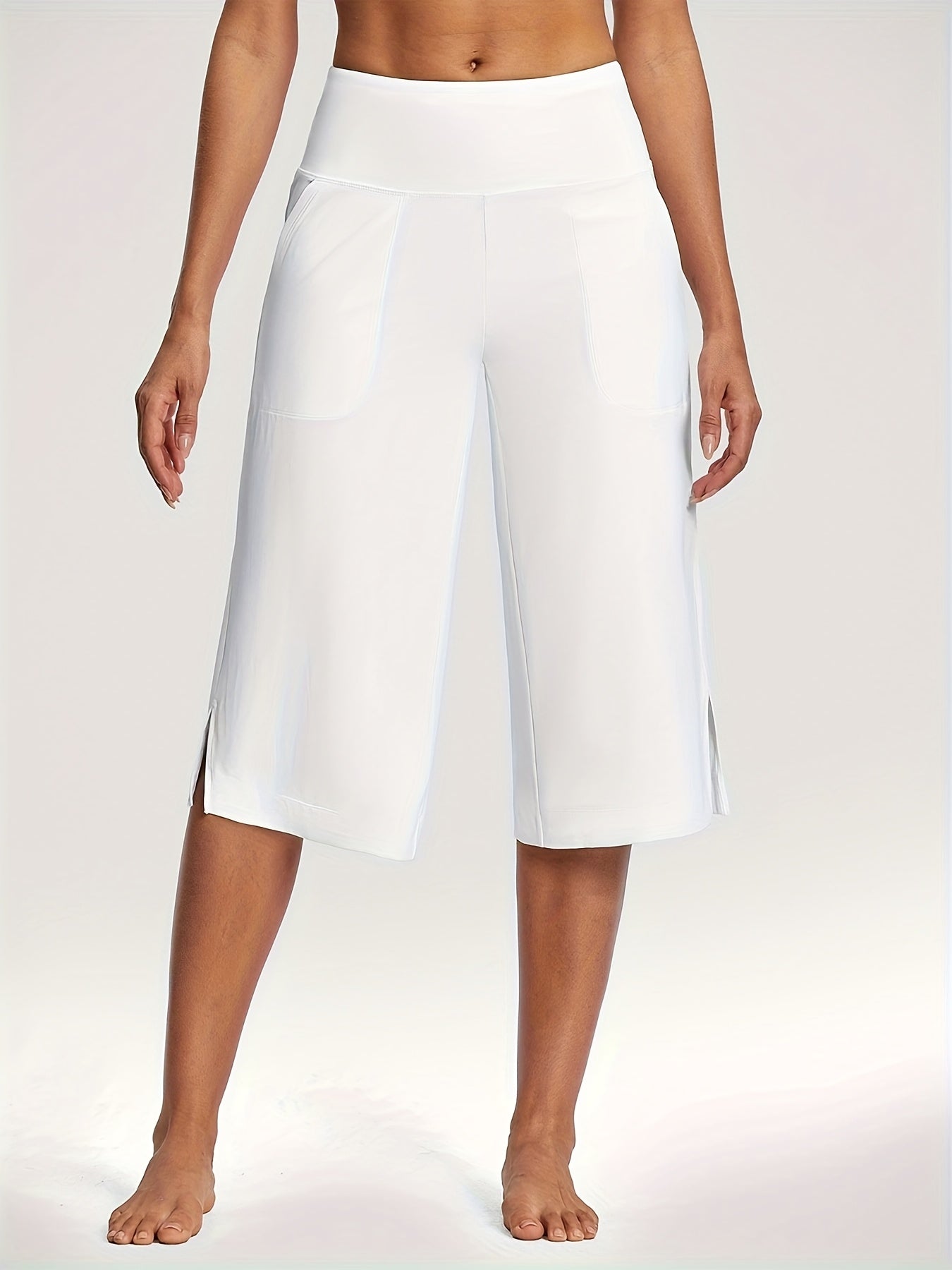18'' Women's High-Waisted Wide Leg Yoga Capri Pants with Elastic Waist - Loose Comfortable Stretchable Soft Pants Suitable for Yoga, Workout, Casual & for Business Occasions - Spring Summer Fall Wearable with Practical Pockets (No Needed)