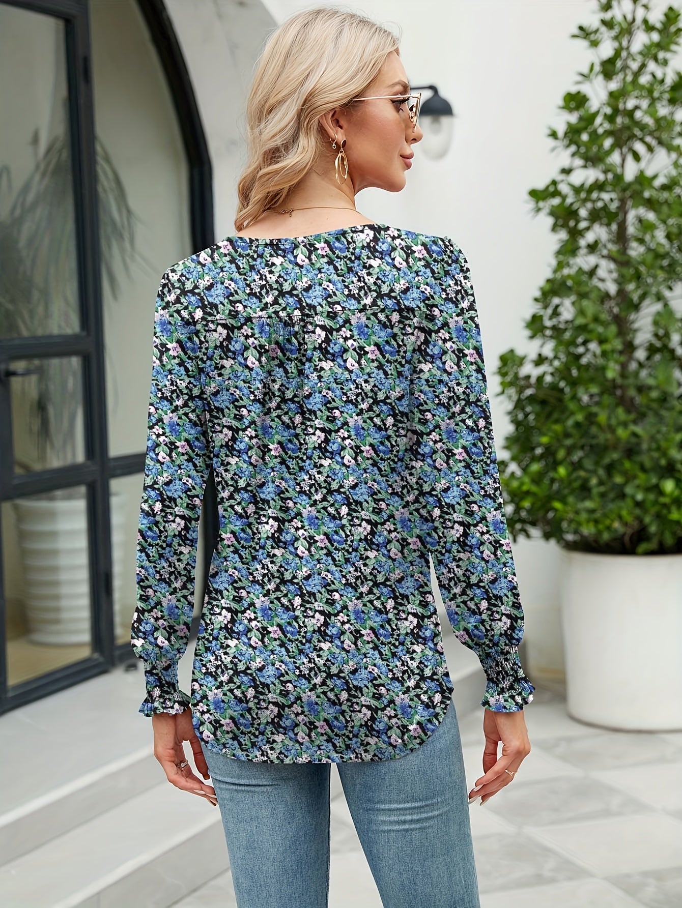 Women's Casual Fall Floral Round Neck Puff Sleeve Tunic Long Sleeve Top Pleated Loose And Versatile T-Shirt