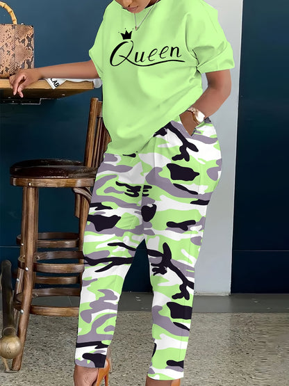 Plus Size - LADIES' Plus Size Daily Fashion Casual Set: Letter Print Crew Neck Short Sleeve T-shirt + Camouflage Long Pants With Pockets