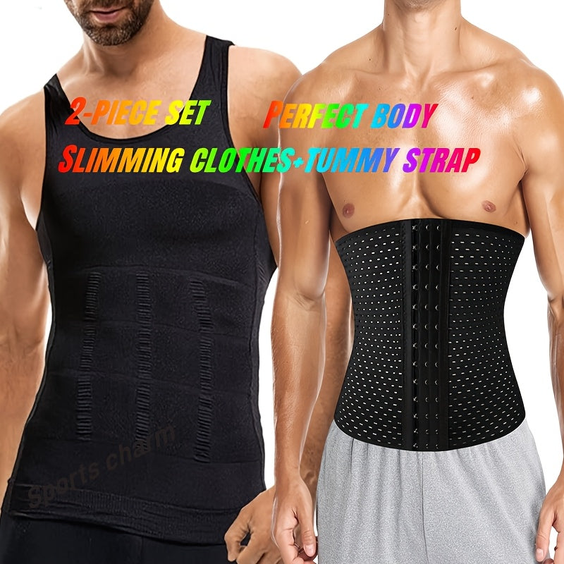 2pcs Men's Fitness Set - Slimming Vest & Tummy Strap, High Elasticity Nylon & Spandex Blend, Breathable & Protective Sports Gear, Hand Wash Only - Ideal for Running & Exercise