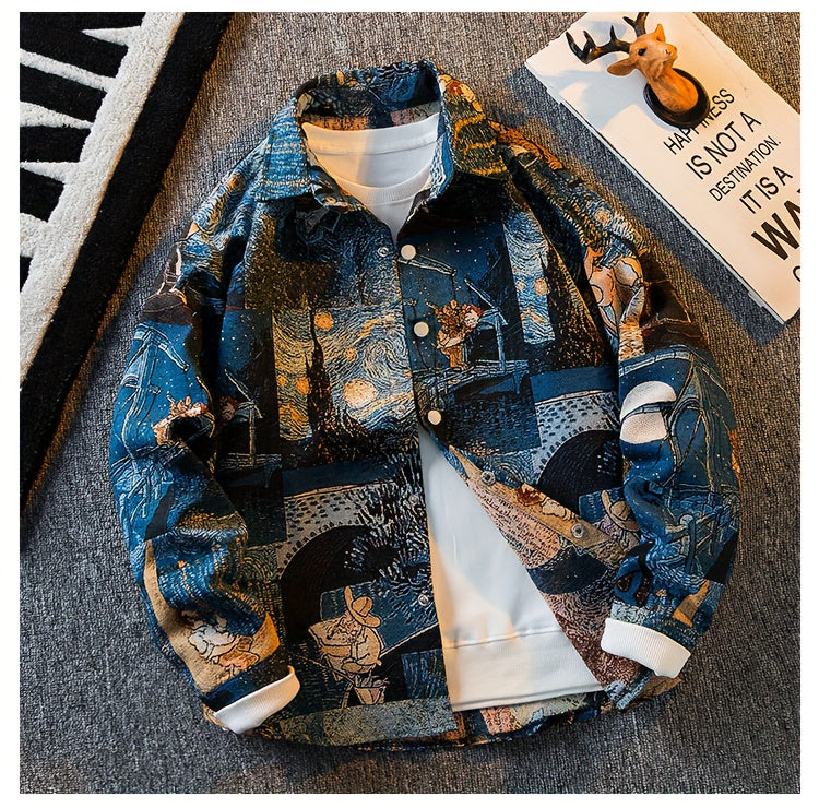 Men'S Slim-Fit Long Sleeve Shirt - Van Gogh-Inspired for Artistic Button-Up Shirt, Formal & Casual Attire, Machine Washable Polyester Blazer - Ideal Gift for Art Lovers, Casual Streetwear, Streetstyle Aesthetic, Versatile Clothing