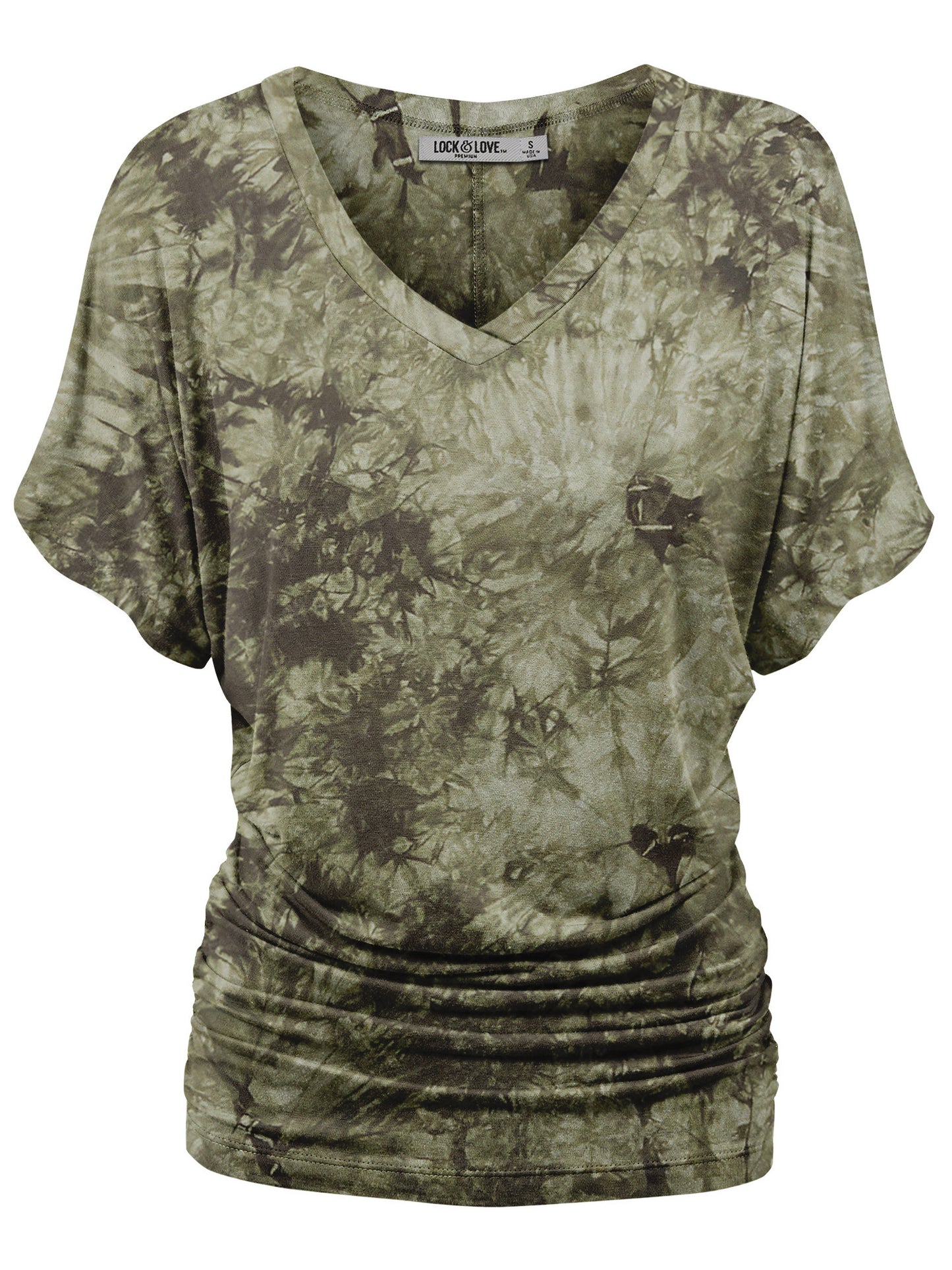 Women's Short Sleeve V Neck Tie-Dye Dolman Top w/Side Shirring