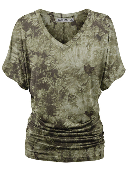 Women's Short Sleeve V Neck Tie-Dye Dolman Top w/Side Shirring