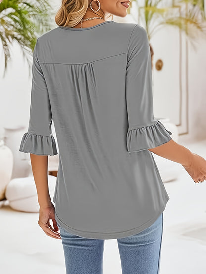 Women'S Casual Chic 3/4 Sleeve Square Neck Ruffle Hem T-Shirt - Soft Peach, Loose Fit, Machine Washable, Perfect for Casual Attire, Blouse with Elegant Ruffle Hem
