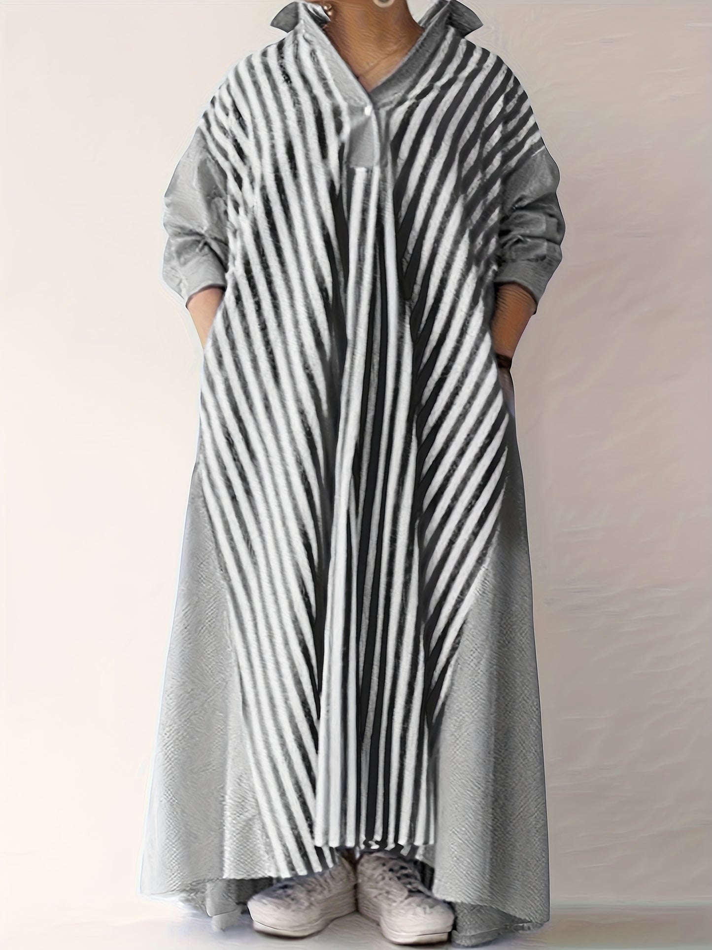 Plus Size - Plus Size - Casual Shirt Dress with Long Sleeves And Striped Stitching Designed for Plus-Size Women