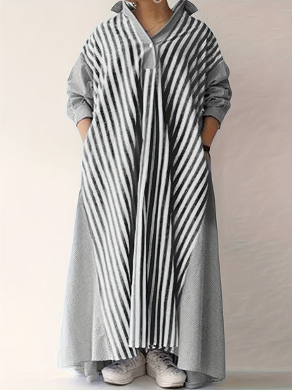 Plus Size - Plus Size - Casual Shirt Dress with Long Sleeves And Striped Stitching Designed for Plus-Size Women