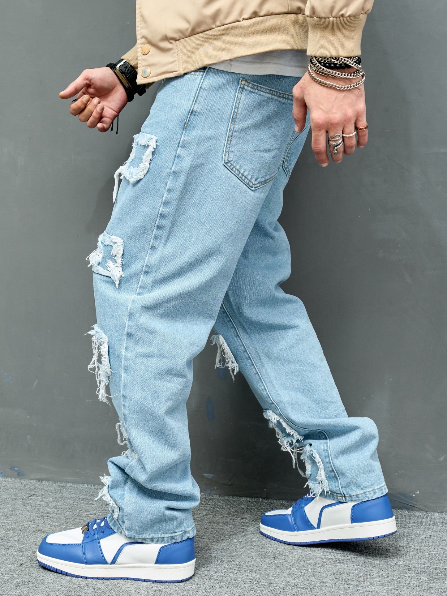 Cross Border New Men's Denim Wide Leg Pants with Smooth Whiskers And Pleats, Loose And Casual, Versatile, Solid Color Wide Leg Men's Long Pants Trend