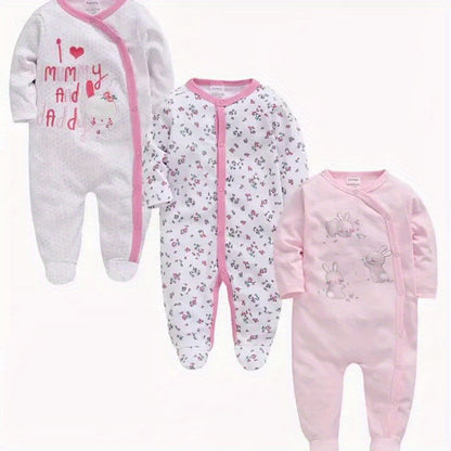 3pcs Baby Girl Cute Pink 1pc Jumpsuit Soft Long Sleeve Footed Romper Cartoon Bunny Rabbit Floral Print Newborn Girls' Overall Bodysuits Outfit Clothes for Infant Girl 0-12 Months, Perfect for Outdoor