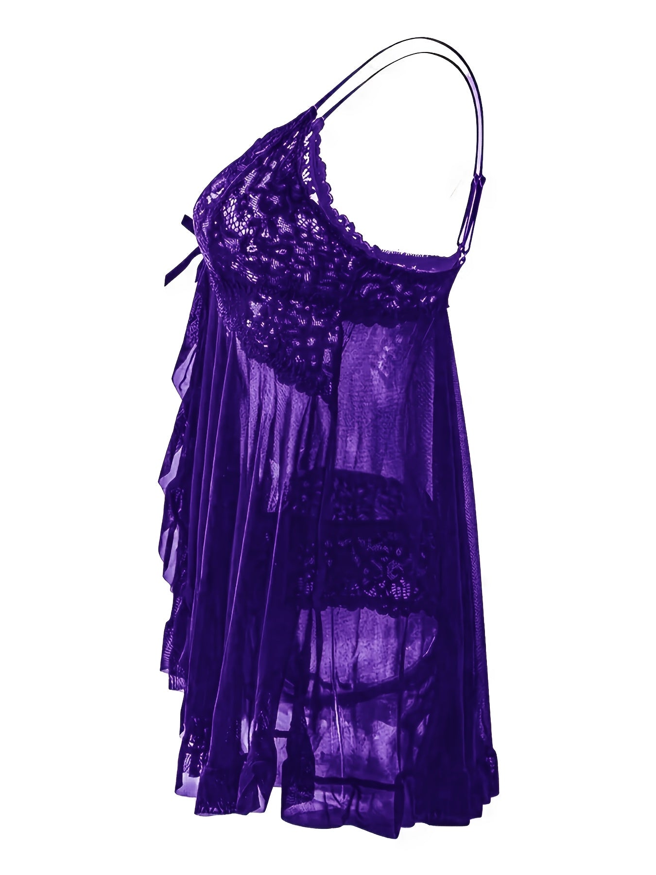 Big Size Sultry Valentine Lace Sleepwear Dress Set - Exquisite Lace, Flattering V-Neckline, Daring Backless Design, Delicate Ruffle Trim, Trendy Split Hem, Seductive Thong Detail, Ultra-Comfortable Fabric, Perfect For Romantic Night, Anniversary Gift
