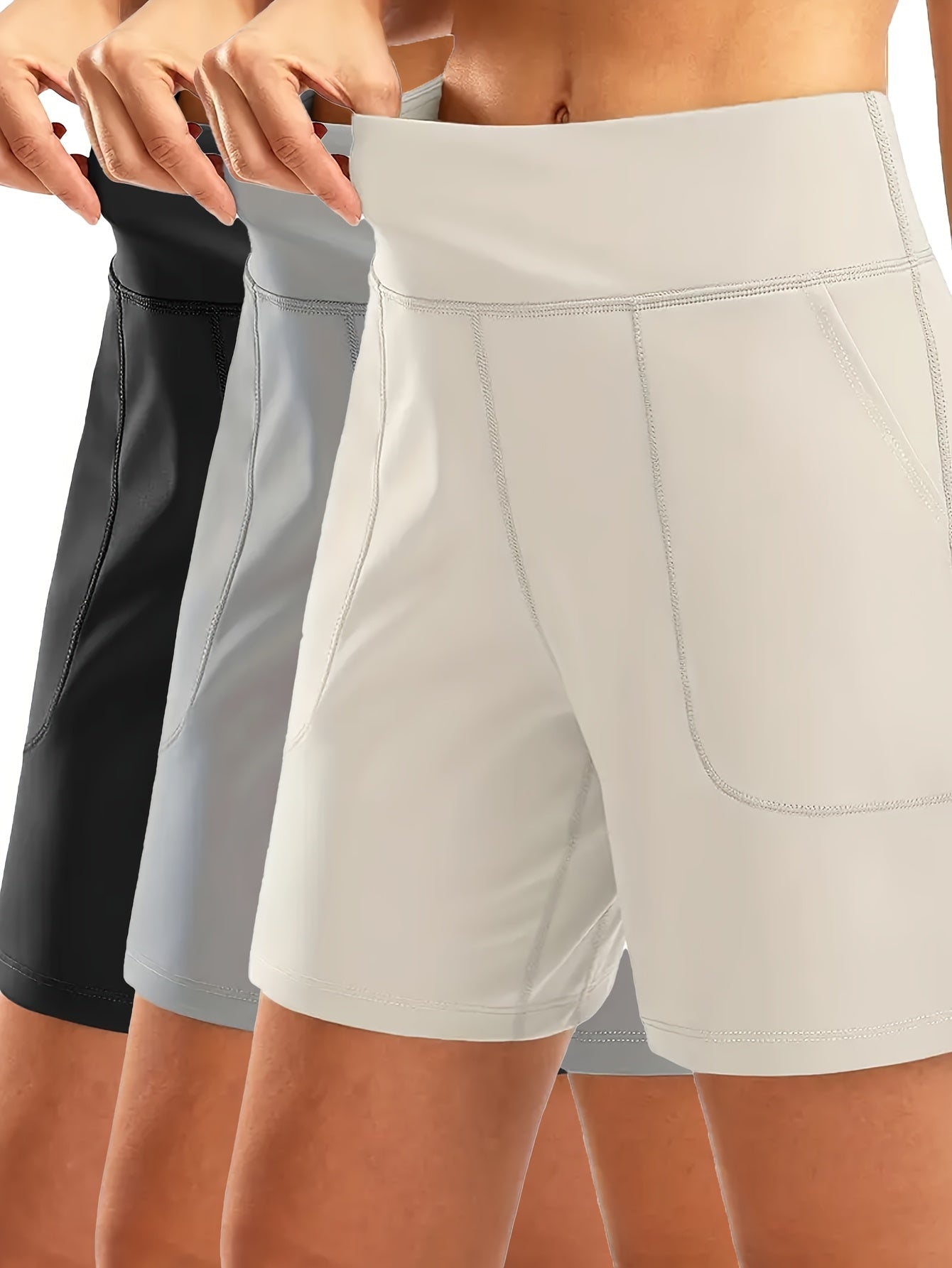 3pcs Women's Elastic-Waist Loose-Fit Casual Sports Shorts with Pockets - Mid-Stretch Breathable Fabric, Solid Color for Gym, Yoga & Casual Attire - Elegant Special Collection, Gym Apparel | Functional Pockets | Stretchable Fabric