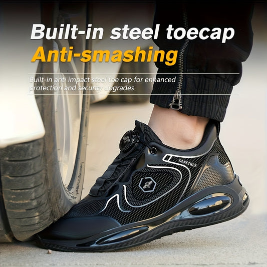 Men's Steel-Toed Work Sneakers with Kevlar Midsole & Lightweight TPU Insole - Anti-Slip/Puncture Safety Shoes, One-Foot Lazy Button Closure, Industrial Footwear with EVA Cushioning, Sturdy Rubber Sole & Breathable Fabric Upper for All-Season Heavy-Duty Pr