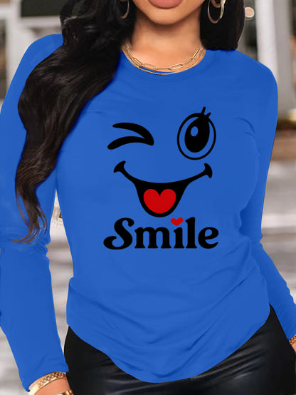 Milk Line 180g Premium Polyester Long Sleeve T-Shirt - Vibrant joyful Face & Blinking Eye Graphic Print, Asymmetrical Hem, Crew Neck Casual Elegant Pullover for Spring Summer Fall, Machine Washable