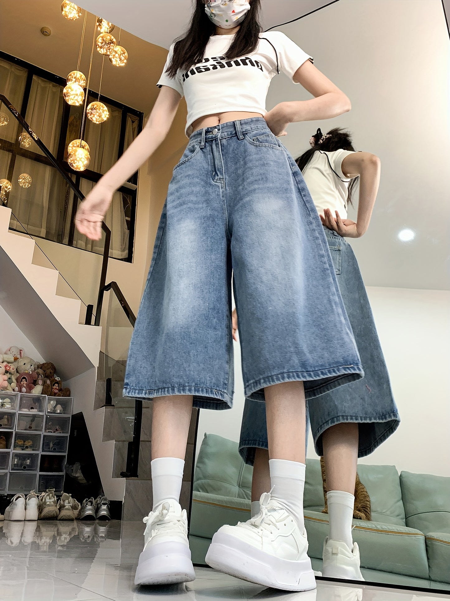 High-Waisted Denim Shorts for Women, Featuring a Casual Straight Leg Design with a Button Fly, Available in Solid Colors with a Slight Stretch And Washed Detailing, Perfect for Spring And Summer