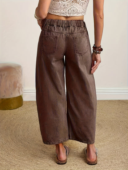 Women's High-Waisted Wide-Leg Jeans Pants - European/American Style Loose-Fit Denim Banana Pants with Washed Leg for all-Season Wear, Casual Elegant Outfits (Matching tops & Outerwear) - Non-Stretch Machine Washable Solid Color Jeans Clothing