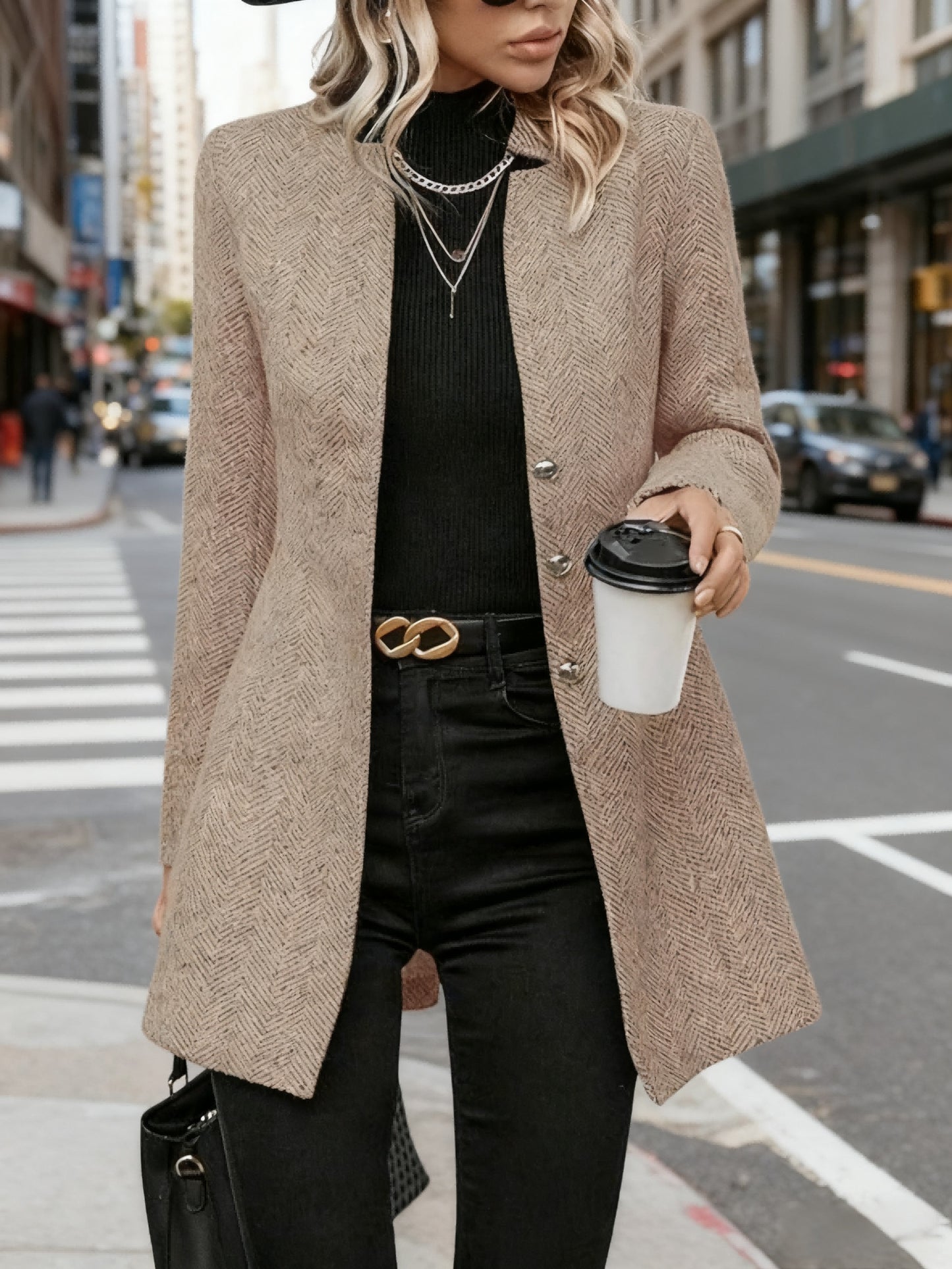 Women's Tweed Coat - Elegant, H-Silhouette Formal & Everyday Outerwear, Long Sleeve Winter Coat for Office, Parties, Casual Outfits - Non-Stretchy Mature Professional Jacket, Office Wear, Tailored Fit, Textured Fabric, Stylish Outerwear