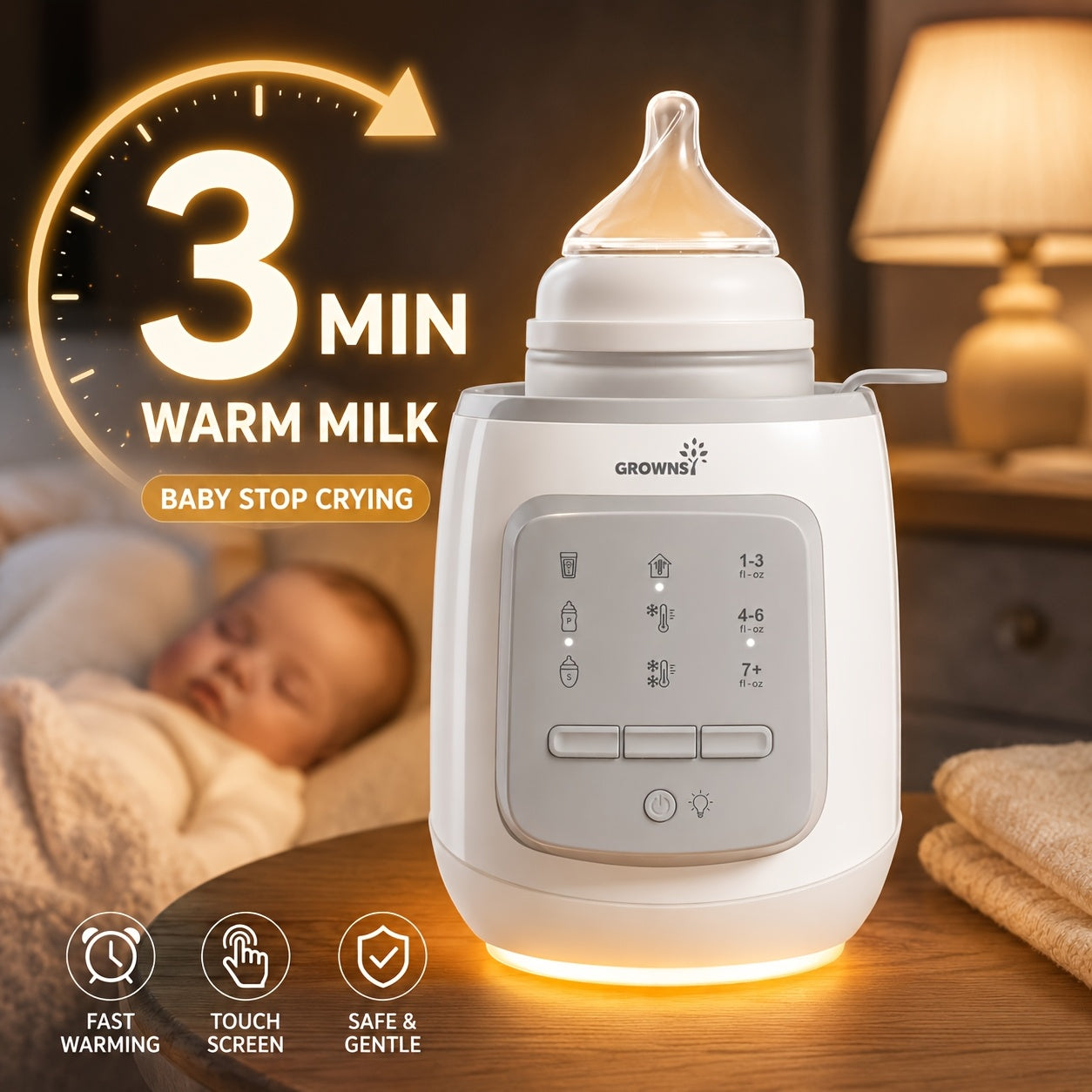 GROWNSY Bottle Warmer Portable, 9 Functional Modes, Water Bath Heating, Can Maintain Nutrition, Heating Only Takes 2-7 Minutes, Built-in Timer, With Night Light, Suitable For Travel Carrying, Daily And Nighttime Feeding.