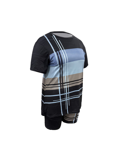 [Casual Printing Suit] Plus Size - Ladies Striped Short-Sleeved Shorts Fashion Casual Printing Suit, Pockets, Bullets, Suitable For Everyday Wear