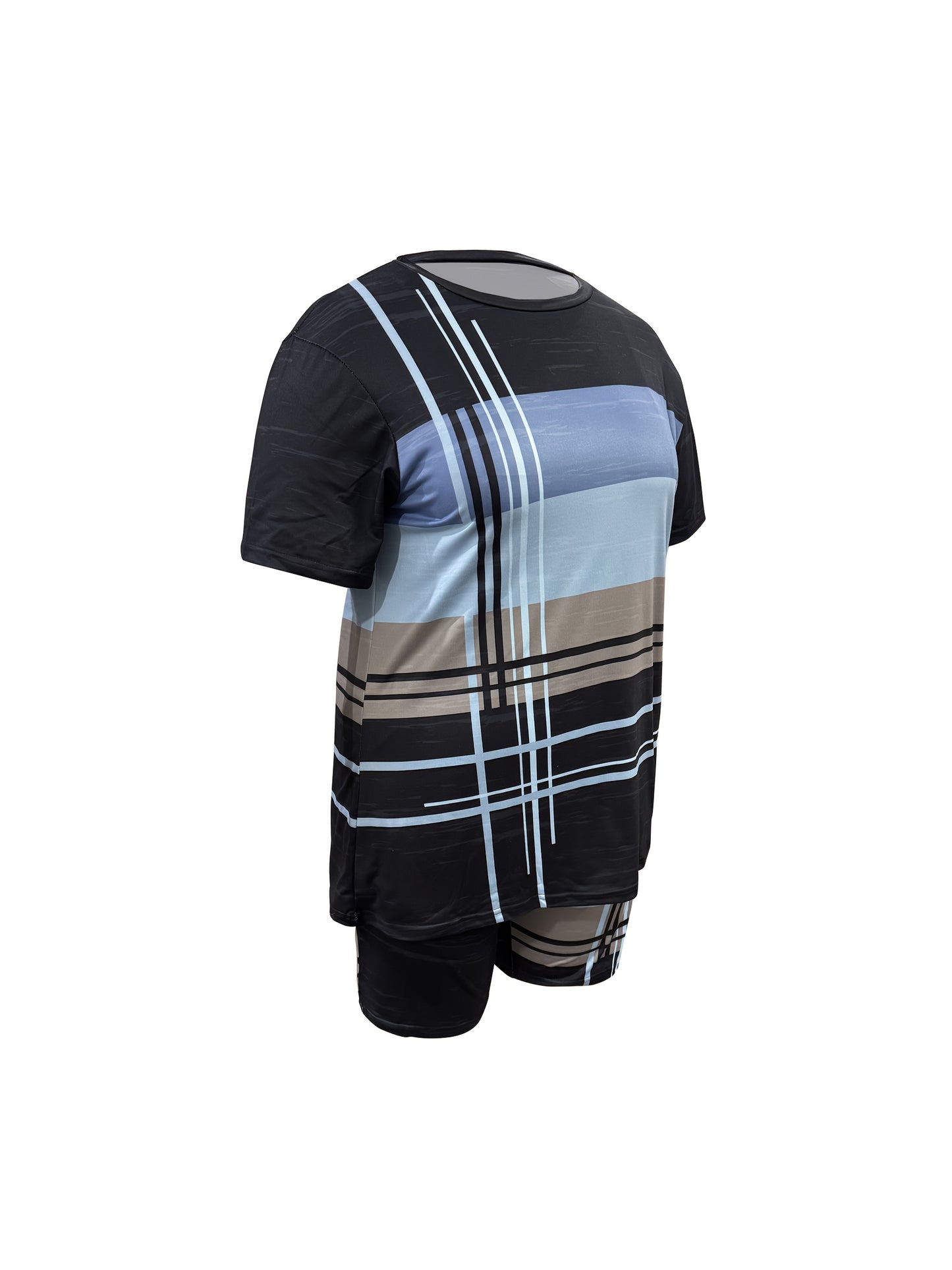 [Casual Printing Suit] Plus Size - Ladies Striped Short-Sleeved Shorts Fashion Casual Printing Suit, Pockets, Bullets, Suitable For Everyday Wear