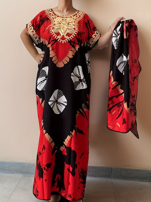 Elegant Ramadan Kaftan Dress: Middle Eastern Women's Long Sleeve, Floral Print, Rayon/Viscose, Seasonal, Straight Cut,, Sari Style, Suitable for All Seasons