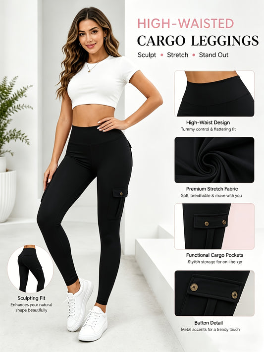 5 Pack Womens High Waist Yoga Leggings 4 Button Large Pockets Tummy Control Slim Fit 4 Way Stretch Soft Breathable Non Restrictive Sports Workout Leggings Great Value Multipack for Gym Running Training Daily Wear Fast Local Warehouse Delivery