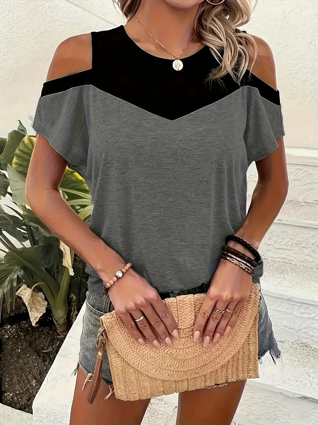 Spring and Summer Women's Clothing, Colorful Cold Shoulder T-Shirt, Casual Short Sleeve T-Shirt
