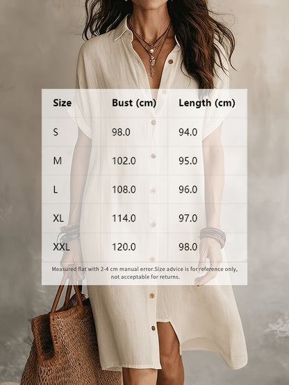 Shirt Dress, Fashionable and Casual, Solid Color, Short Sleeve, Buttoned, Mid-length Dress