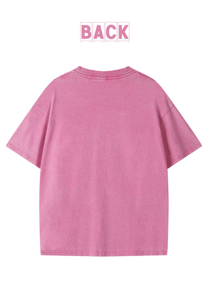 Ladies' American Retro Pink T-shirt 230G Fabric Overstimulated Letter Print Large Casual Washed Short Sleeved Shirt