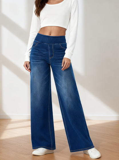 Women's Stretch Waistband Jeans High Waisted Slim Wide-Legged Jeans Loose Straight Leg Pants with Pockets Designed for All Seasons Versatile for Everyday And Formal Wear Machine Washable Women's Trendy Denim Pants for Office Wear Outdoor Jeans