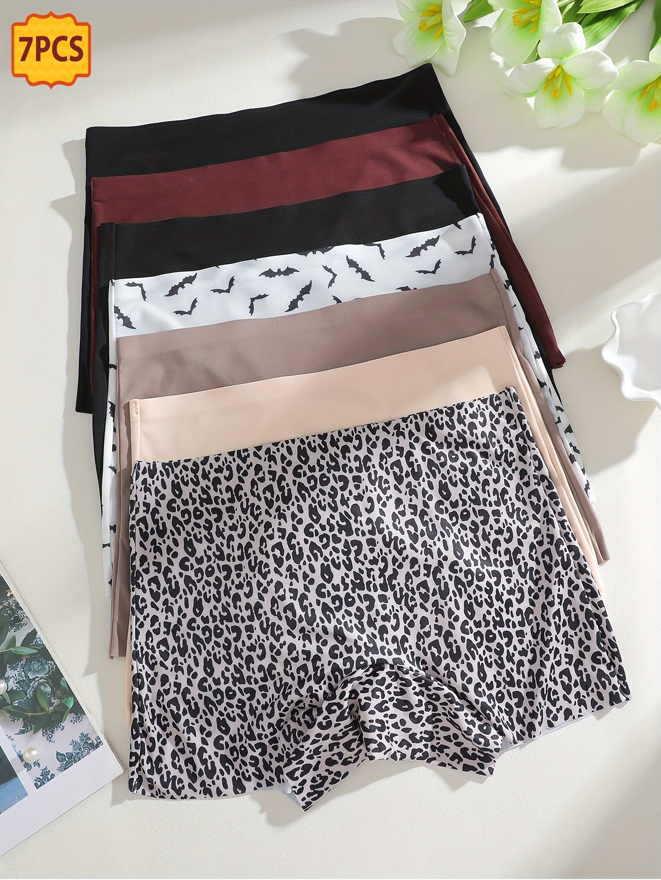 7pcs Women's Seamless Boxer Shorts - Elegant Leopard Print Underwear, Breathable Skin-Friendly Mid-Rise Boxers Suitable for Daily Wear, Casual & Office - Soft Non- Pants for Comfortable Everyday Use