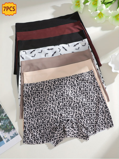 7pcs Women's Seamless Boxer Shorts - Elegant Leopard Print Underwear, Breathable Skin-Friendly Mid-Rise Boxers Suitable for Daily Wear, Casual & Office - Soft Non- Pants for Comfortable Everyday Use