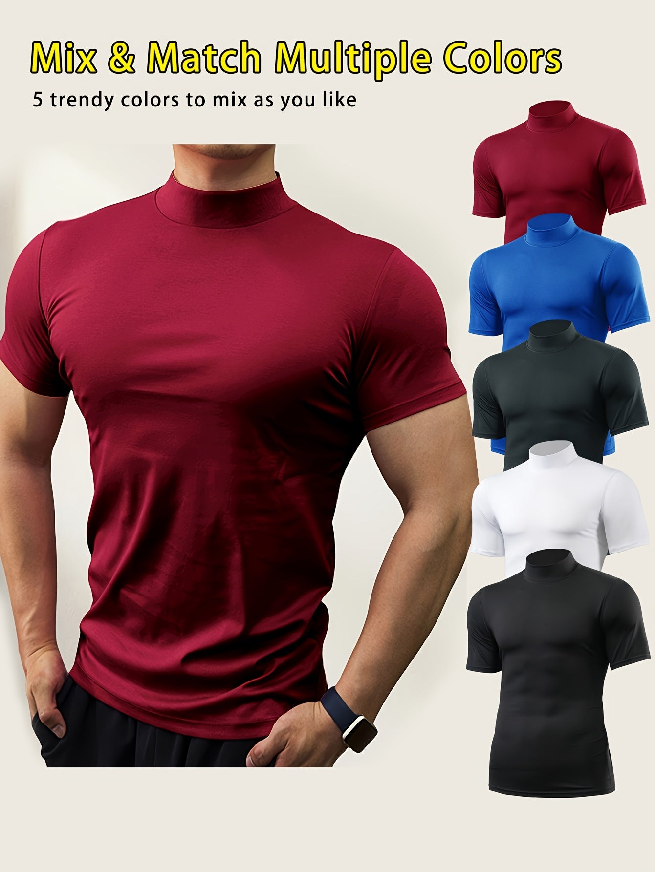 5pcs Men's Breathable Slim Fit T-Shirts - Moisture Wicking, Stretchy Crewneck for Gym/Running/Cycling (Solid Colors) - Athletic & Casual Wear