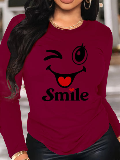 Milk Line 180g Premium Polyester Long Sleeve T-Shirt - Vibrant joyful Face & Blinking Eye Graphic Print, Asymmetrical Hem, Crew Neck Casual Elegant Pullover for Spring Summer Fall, Machine Washable